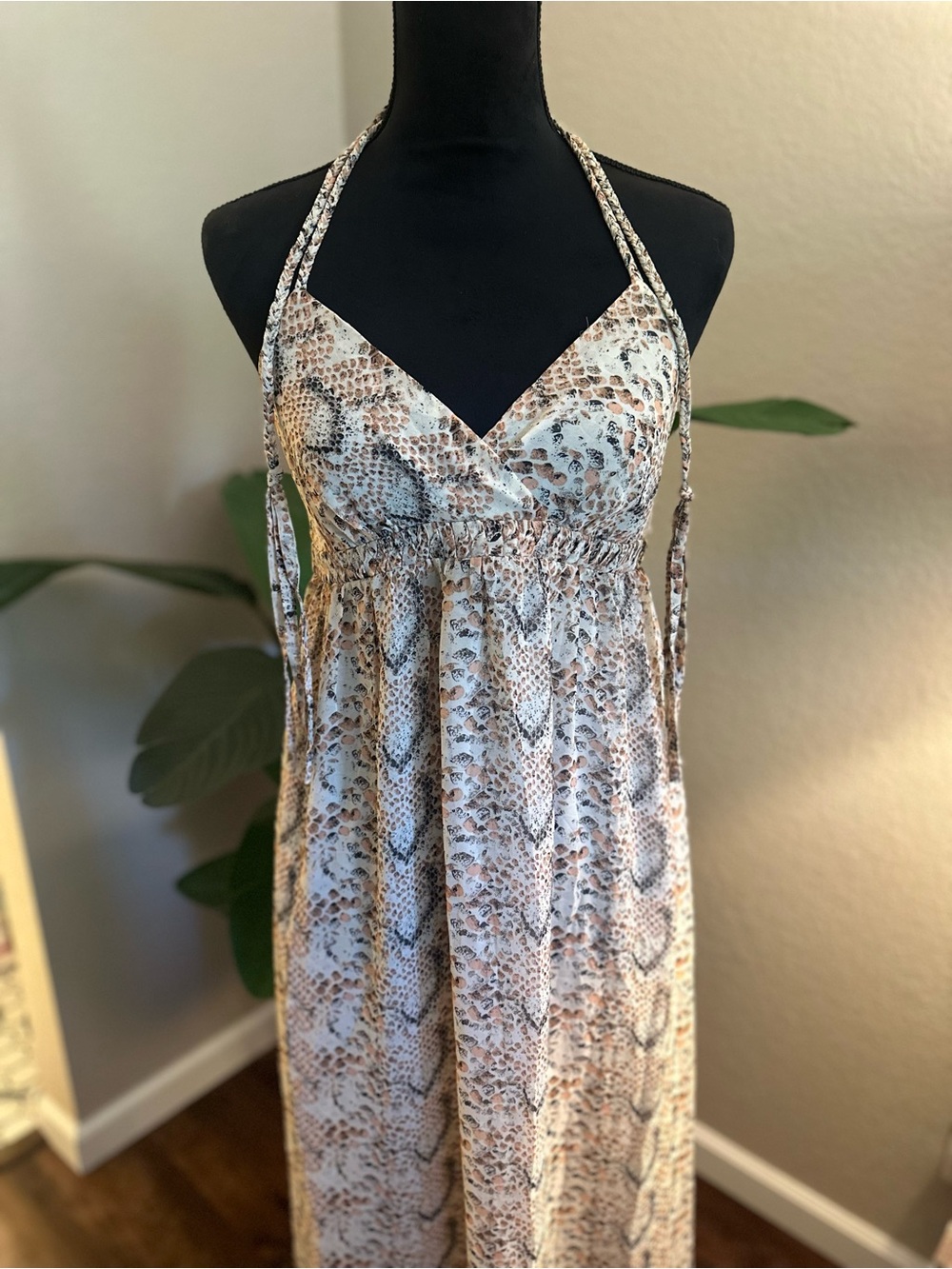 Halter Snake-Print Maxi Dress in Neutral Tones